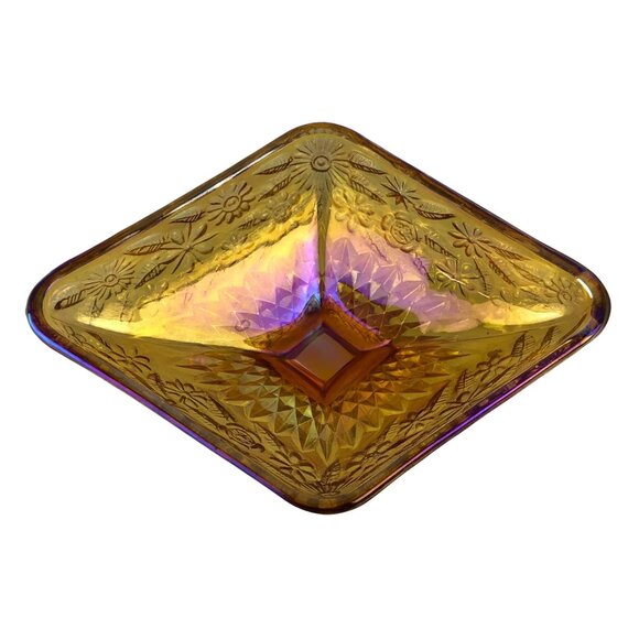 Vintage Iridescent Gold Carnival Glass Diamond Shaped Footed Candy Dish Floral - Picture 13 of 16